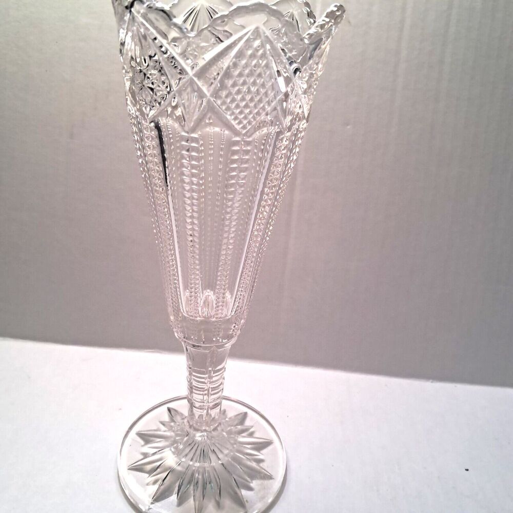Clear Cut Glass Trumpet Footed Bud Vase 8.5"